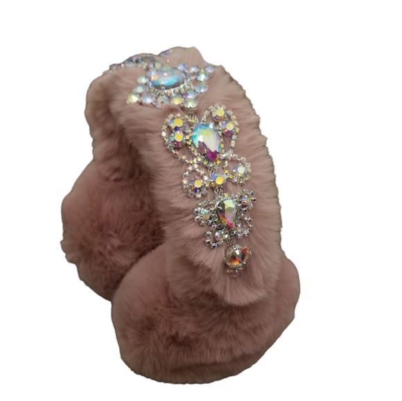 Blush Pink Faux Fur Crystal Embellished Earmuffs Earwarmers Rhinestone Headband - Picture 9 of 16